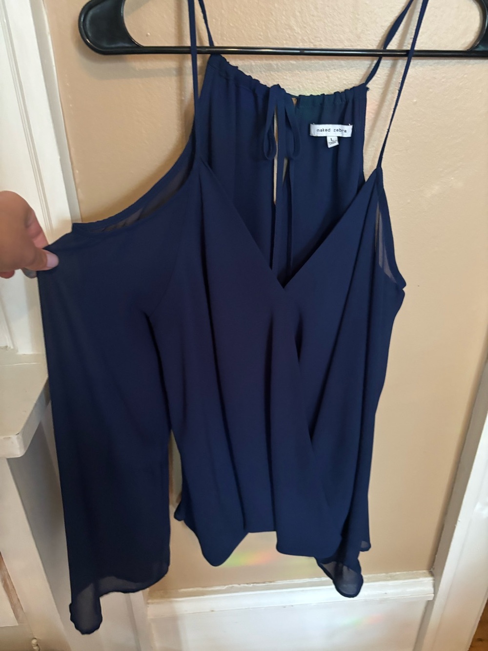 Naked Zebra Navy Open-Shoulder V-Neck Women's Top